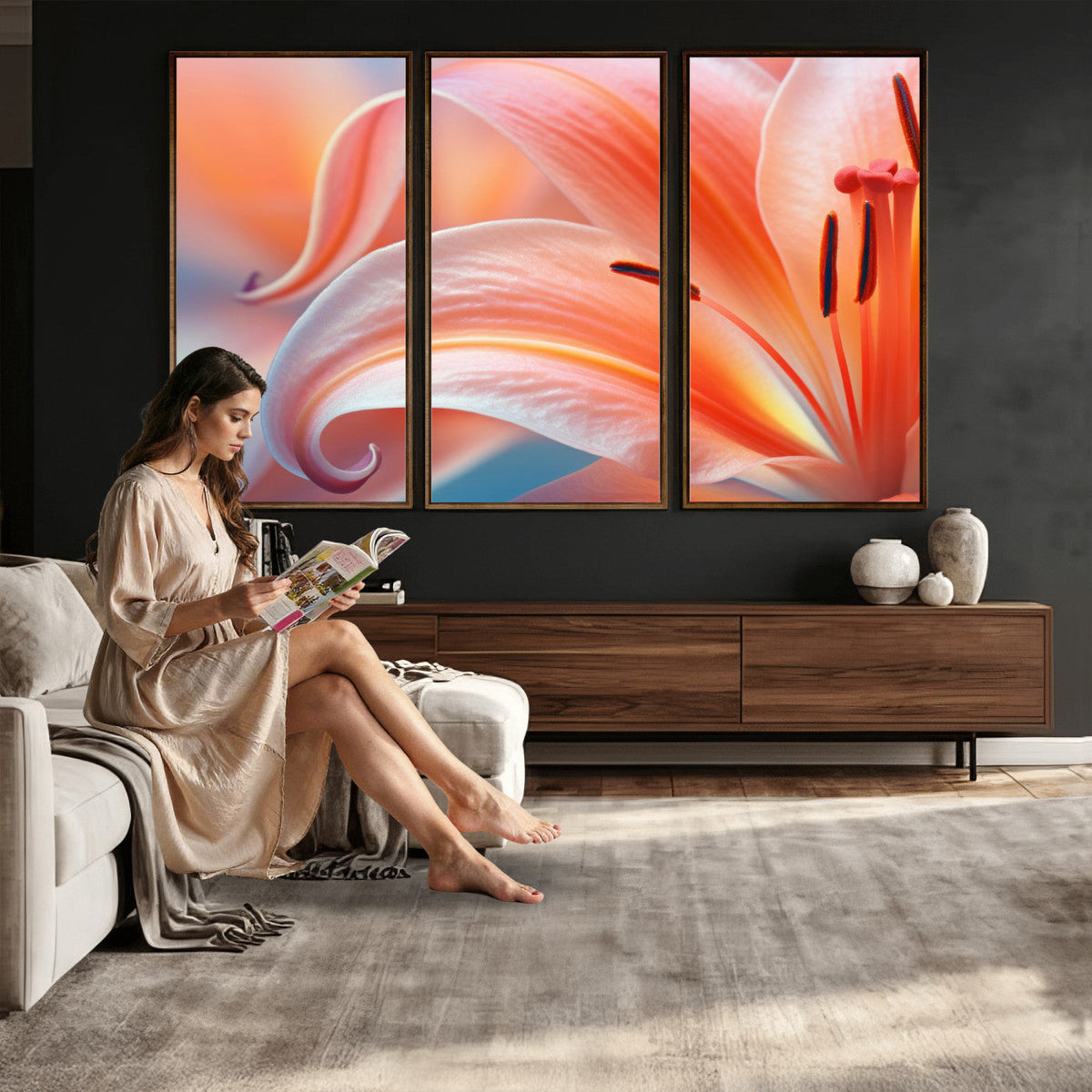 Peach Lily Canvas Wall Art, Coral Pink Flower Macro Photo Print, Botanical Decor