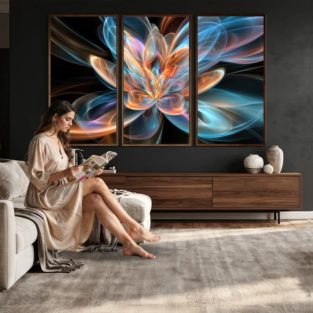 Fractal Lotus Canvas Wall Art, Blue Orange Glowing Flower Abstract Print