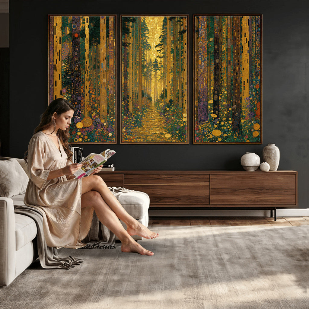 Gustav Klimt Style Forest Canvas Wall Art, Golden Forest Path Floral Art Nouveau Print