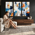 Blue Teal Abstract Canvas Wall Art, Modern Brushstroke Style Painting Print, Navy Orange Contemporary Decor