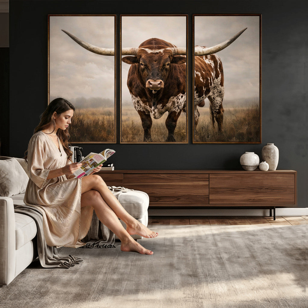 Texas Longhorn Wall Art Canvas Print | Brown Horned Bull Rustic Western Decor