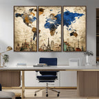 World Map Canvas Print | Vintage Blue and Gold World Map Wall Art