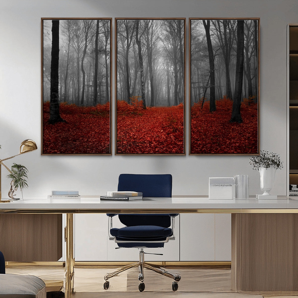 Red Forest Floor Canvas Wall Art | Mystical Foggy Woodland Triptych