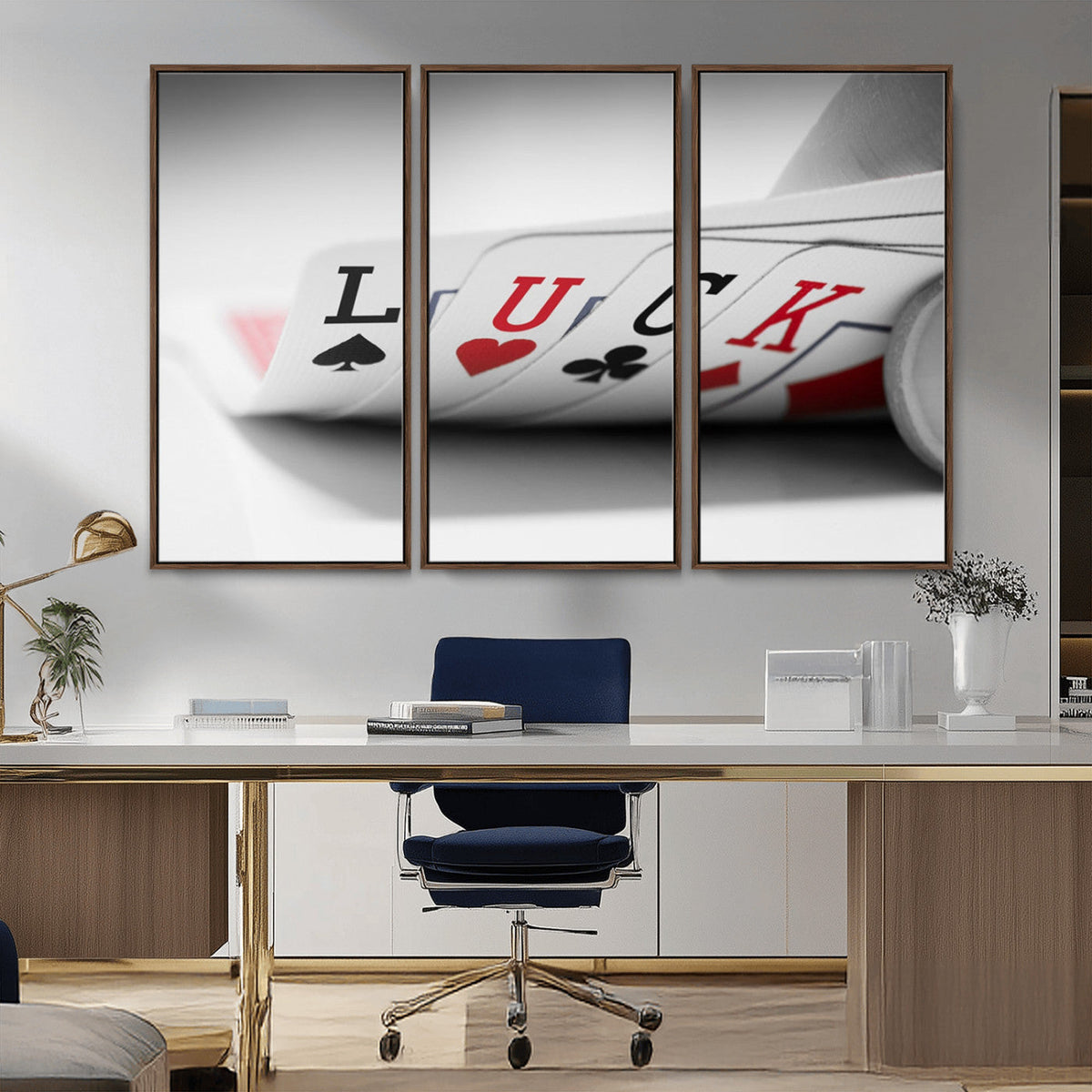 Framed Lucky Poker Cards Canvas | Modern Triptych Wall Art for Game Rooms