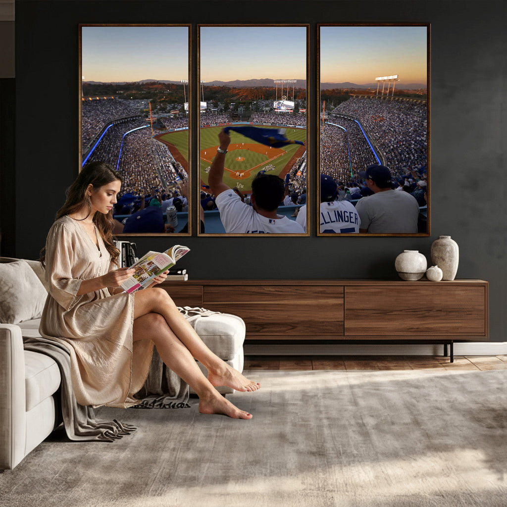 Dodger Stadium Sunset Game Triple Canvas Wall Art, Los Angeles Dodgers MLB Match