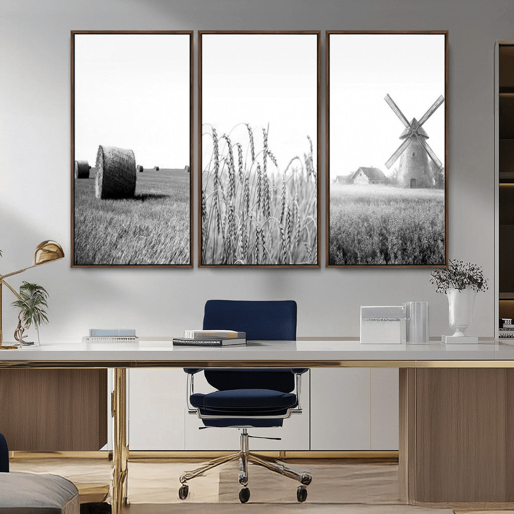 Vintage Farmhouse Black and White Triptych Wall Art, Giclee Canvas with Wheat Fields, Hay Bales and Windmill