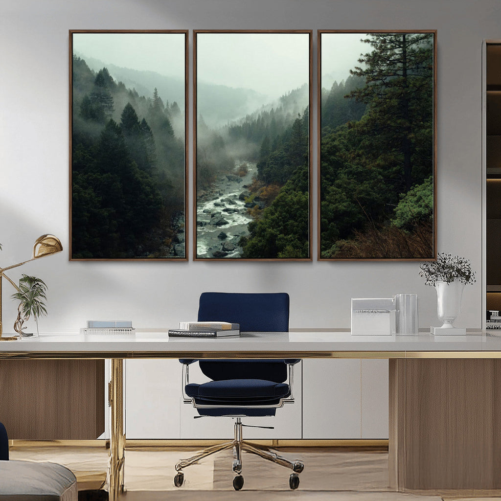 Misty Forest Wall Art, Tranquil Nature Landscape, Ready to Hang | Extra Large 3 Piece Canvas Wall Art