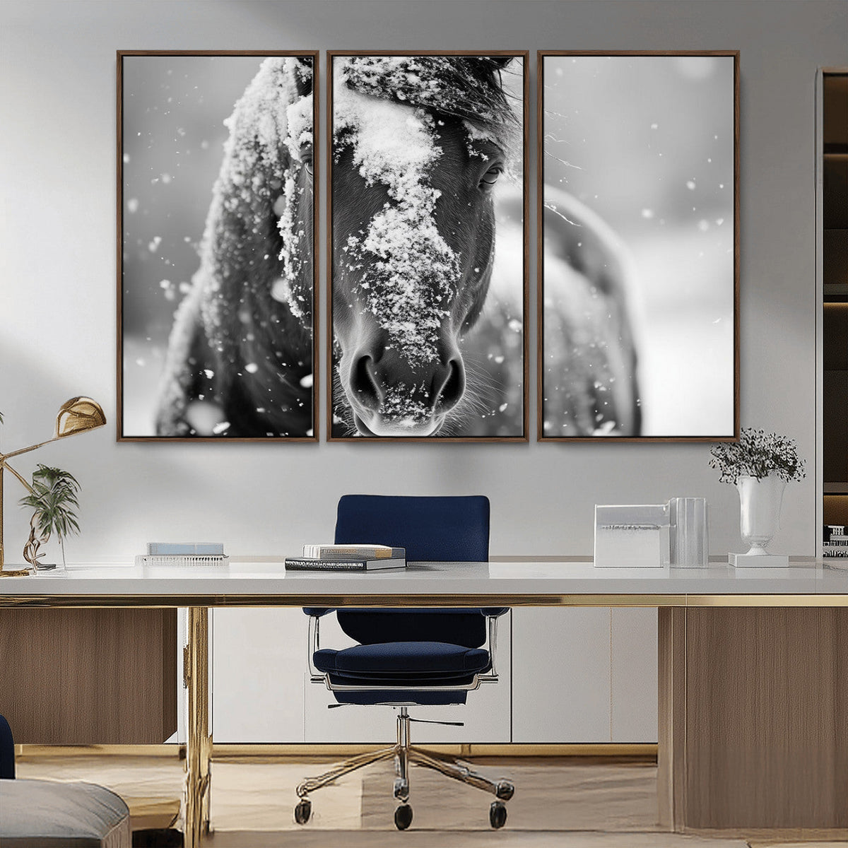 Black and White Horse Winter Wall Art, Ready to Hang