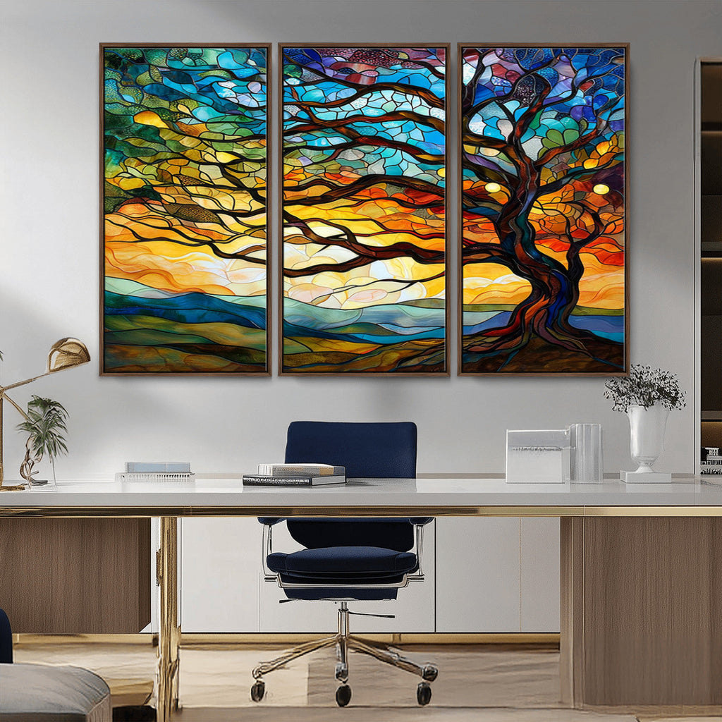 Vibrant Mosaic Tree of Life Wall Art, Stained Glass Style Canvas Print