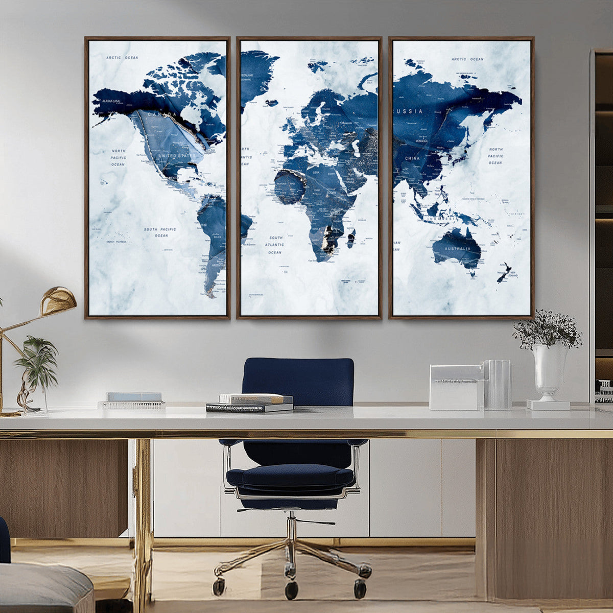 Modern Blue World Map Canvas Print | Elegant Travel Map Wall Art for Home Office