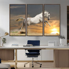 Large Wall Art Canvas Print, White Jumping Horse at Sunset
