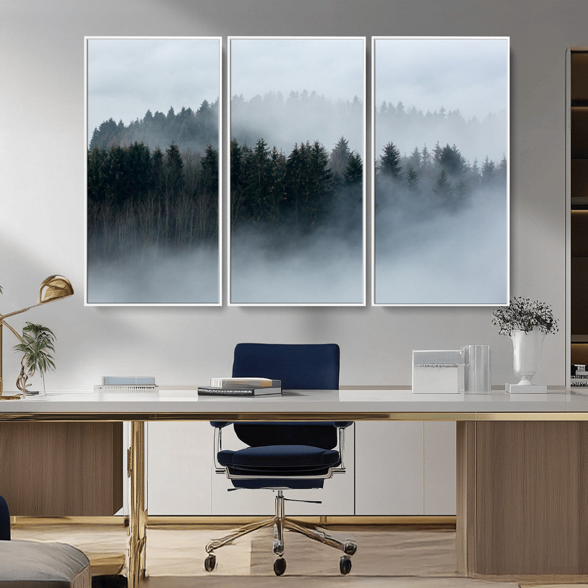 Autumn and Misty Trees in the Forest Wall Art Canvas Print, Foggy Forest Mountain Wall Art