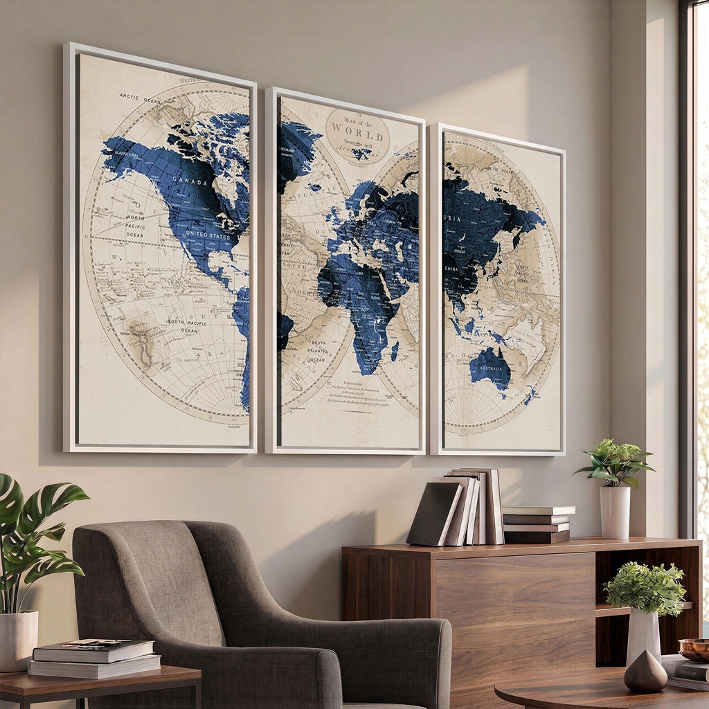Vintage Blue World Map Canvas Wall Art | Antique Style Framed Map Print