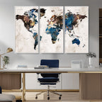 Abstract Earth Tone Blue World Map Canvas Print | Framed Travel Map Wall Art