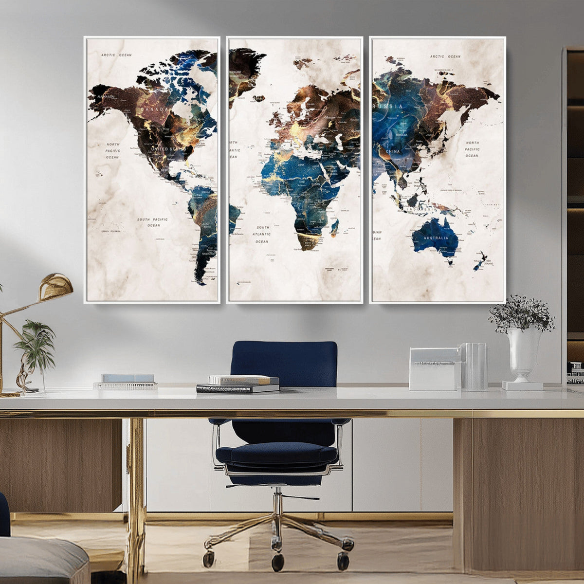 Abstract Earth Tone Blue World Map Canvas Print | Framed Travel Map Wall Art