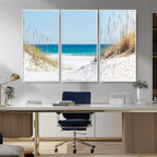 Serene Coastal Dune Path with Ocean View, 3-Panel Beach Canvas Wall Art
