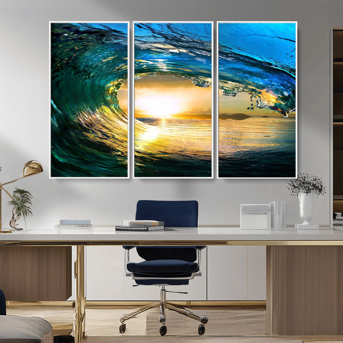 Ocean Wave at Sunset Canvas Art, Large Wall Print of Vibrant Surfing Wave