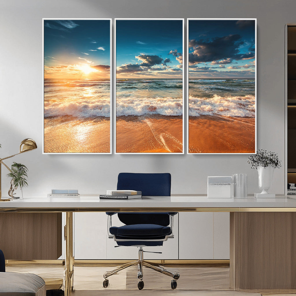 Golden Sunset Beach Triptych Canvas Art, Giclee Coastal Wall Decor, Ocean Waves Print