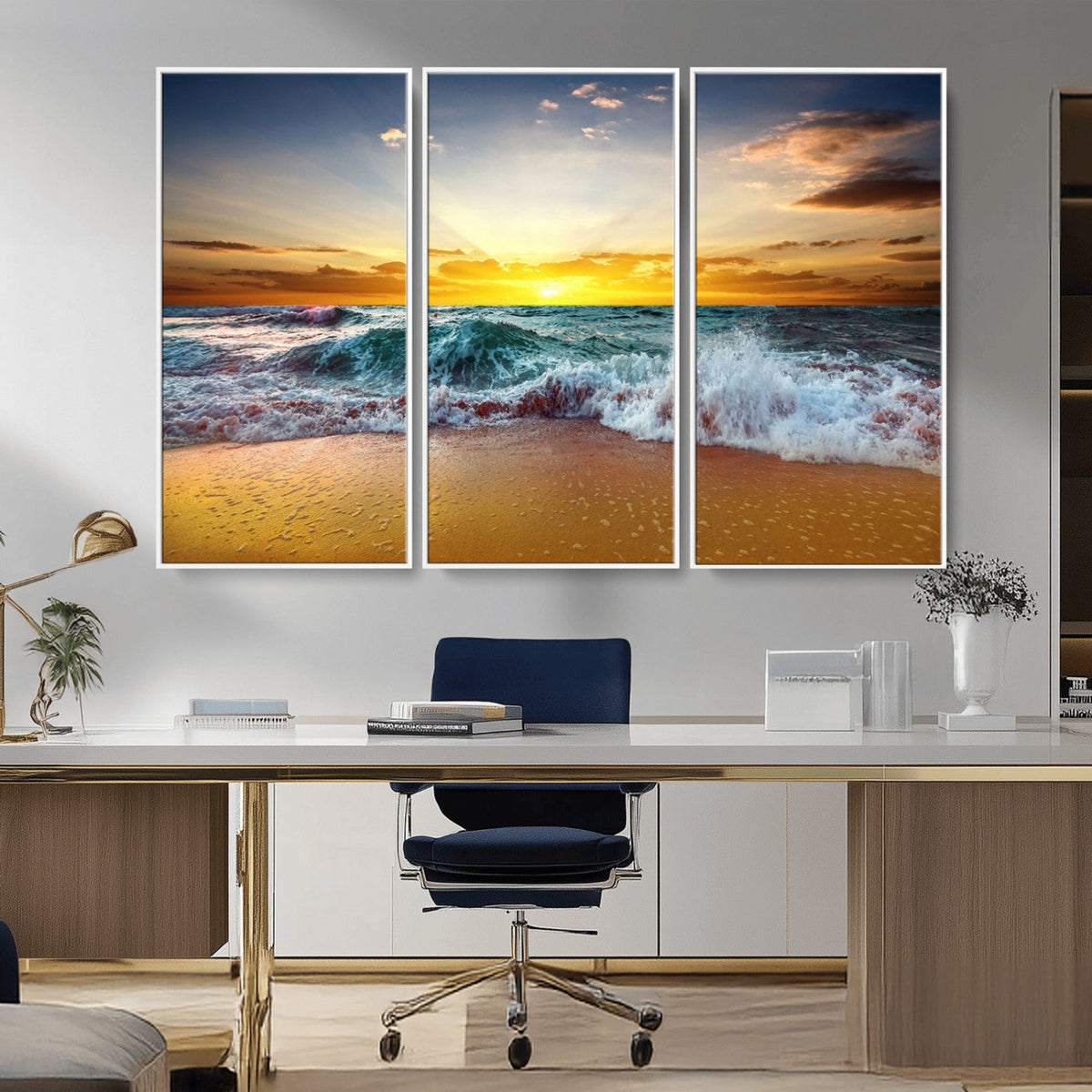 Golden Sunset Ocean Waves Wall Art Canvas Print | Multi Panel Beach Canvas Set, Coastal Triptych