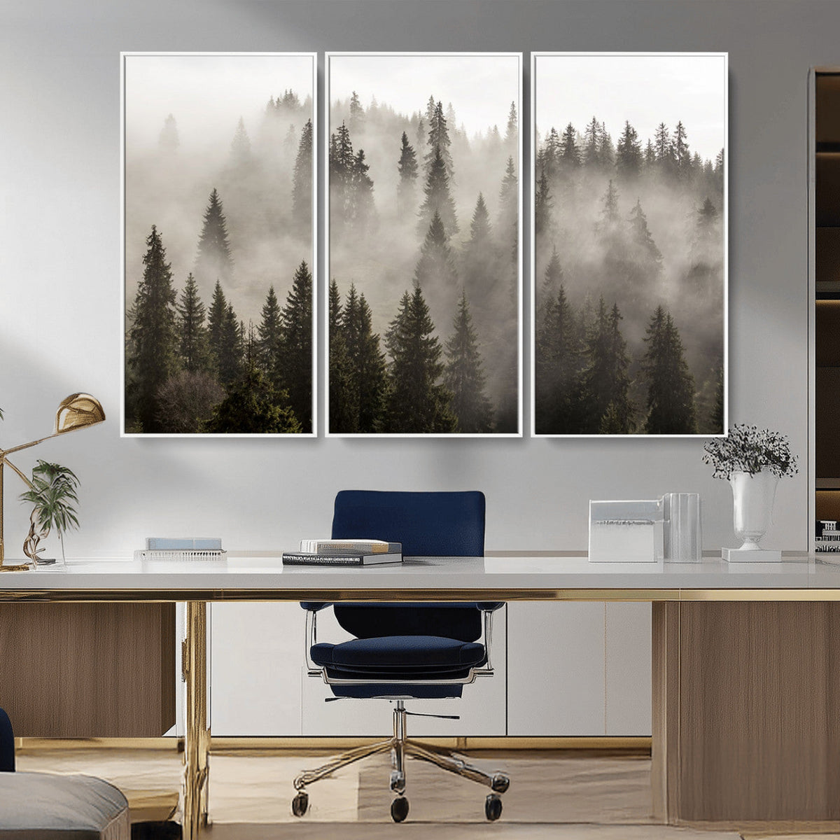 Foggy Mountain Wall Art | 3-Panel Foggy Forest and Mountain Landscape Canvas Print