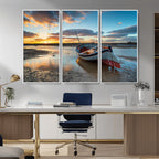 Small Boat At The Beach Sunset Wall Art, Boat Sunset Wall Art Canvas Print