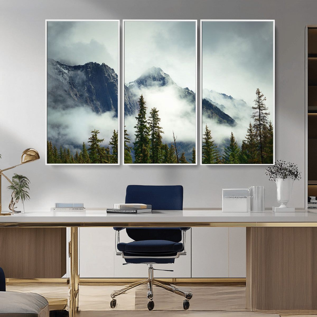 Mountain Mist Canvas Wall Art Print | 3-Panel Foggy Forest and Mountain Landscape
