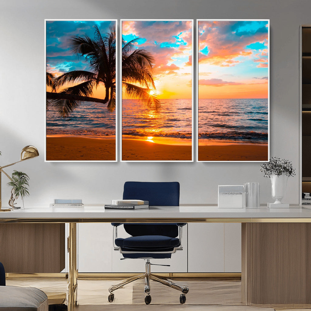 Palm Tree Sunset On The Beach Wall Art Canvas, Framed Palm Tree Sunset Canvas Print