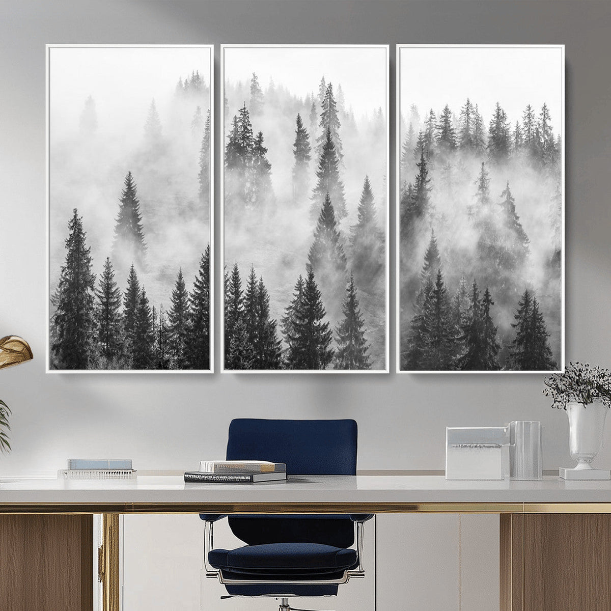 Forest Wall Art Print | Foggy Pine Forest Canvas Wall Art, Black and White Nature Decor