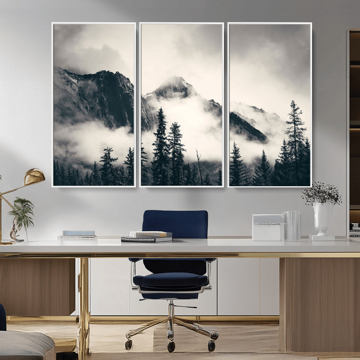 Forest Mountain Print | Black and White Canvas Wall Art with Misty Forest Design