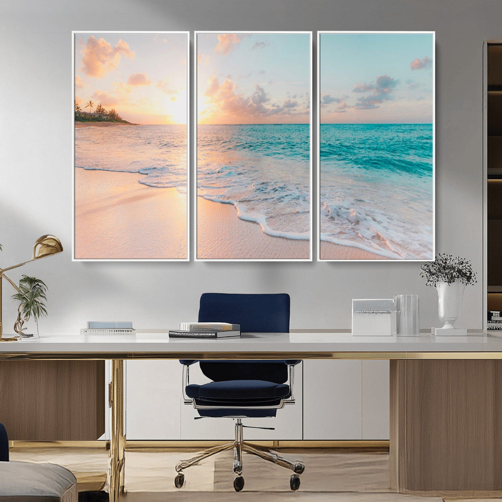 Beach Sunrise Wall Art, Coastal Seascape Canvas Print, Ocean Wave Wall Decor