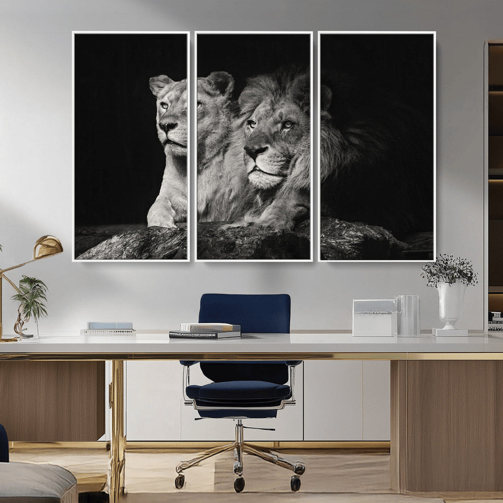 Lion Couple Wall Art Canvas Print, Elegant Black and White Wildlife Portrait