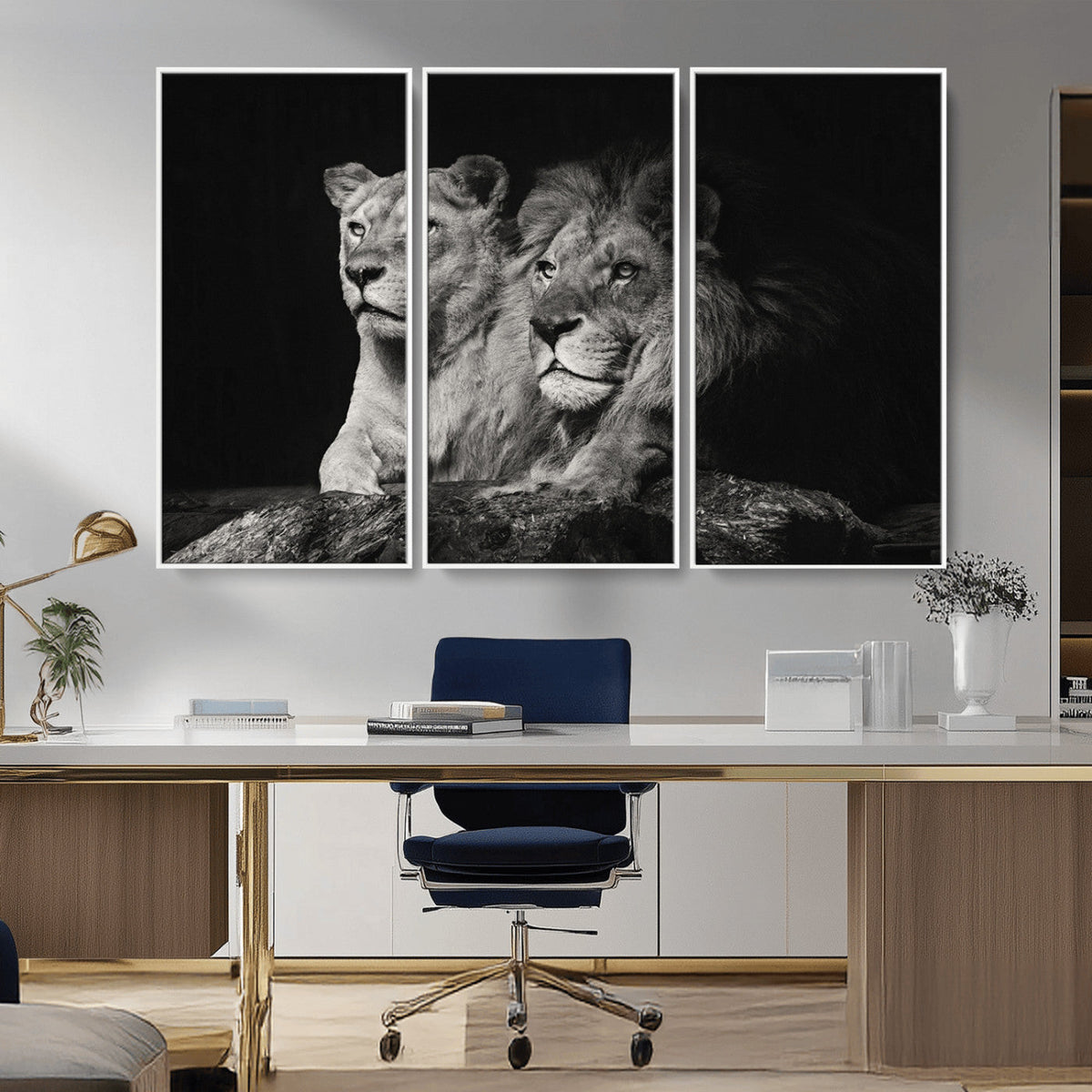 Lion Couple Wall Art Canvas Print, Elegant Black and White Wildlife Portrait