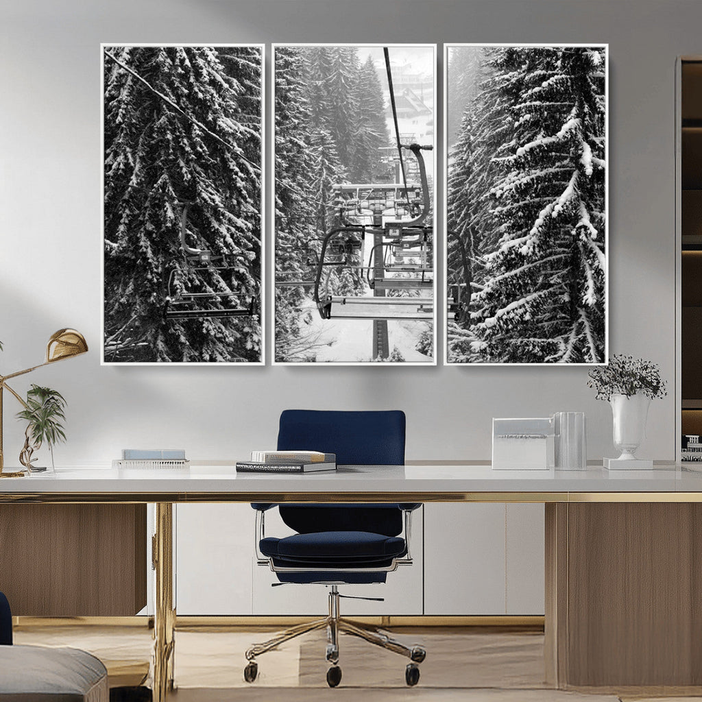 Winter Ski Lift Black and White Canvas Wall Art | Alpine Escape in Minimalist Style