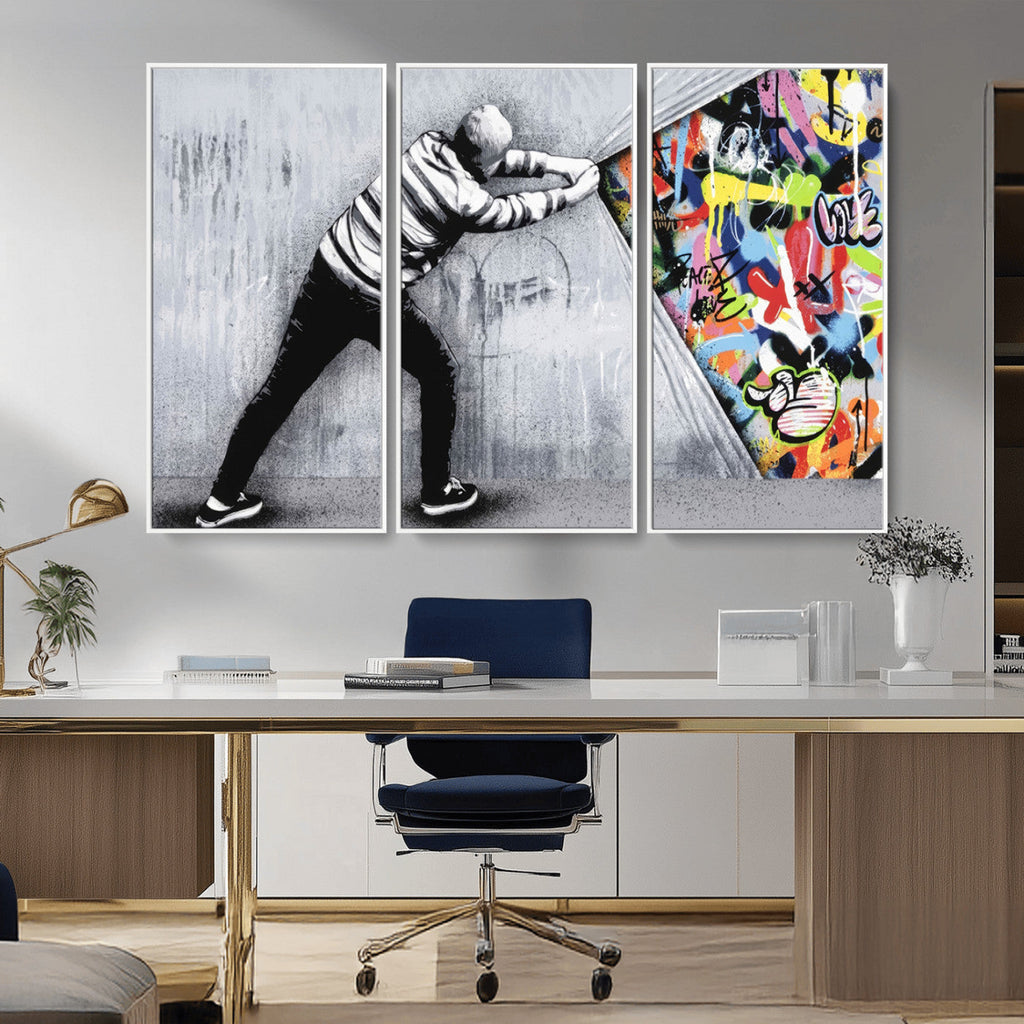 Banksy Art Behind the Curtain Street Wall Art Canvas Print | Urban Graffiti Style Wall Decor