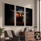 Abstract Texas Longhorn Wall Art Print | 3-Panel Large Texas Longhorn Canvas