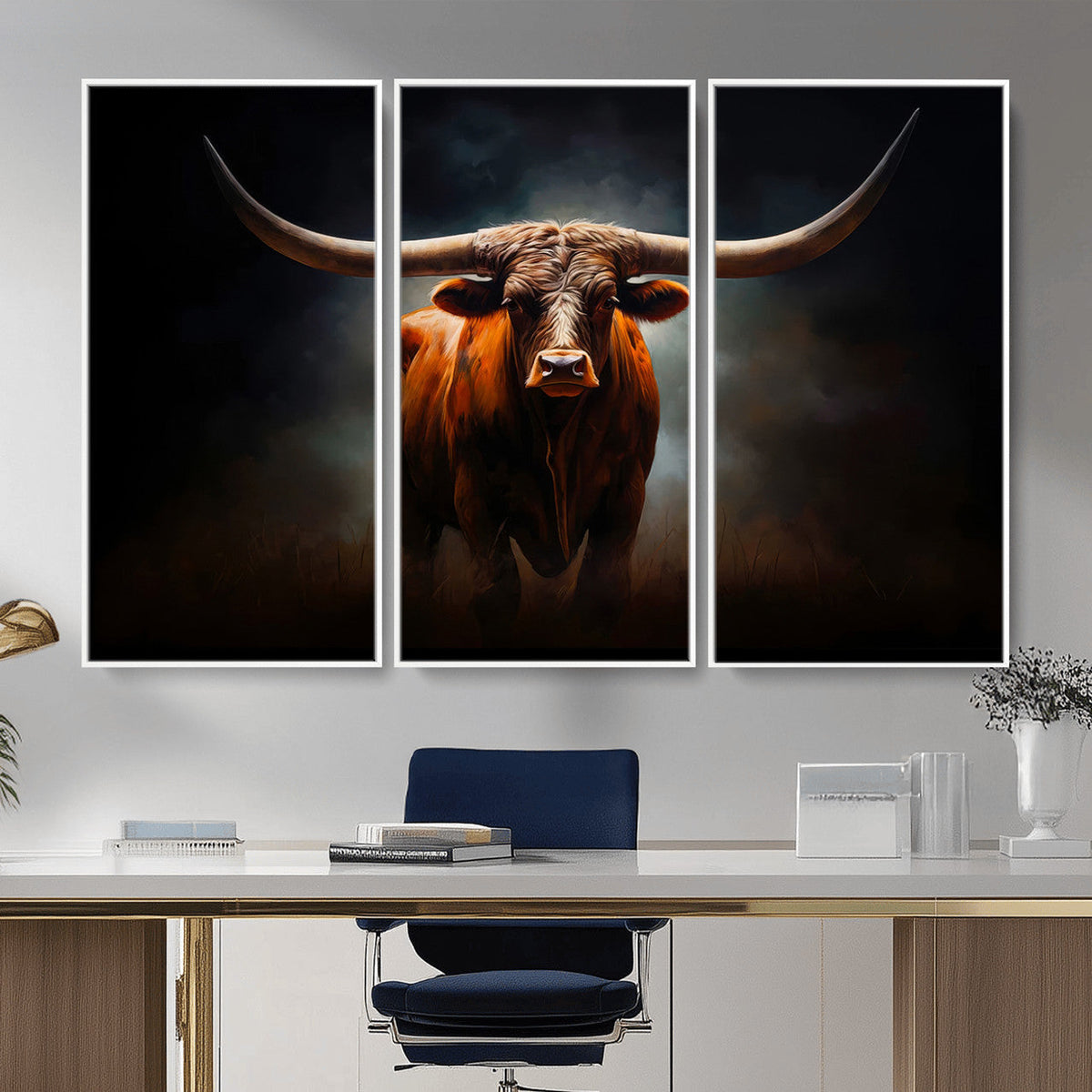 Abstract Texas Longhorn Wall Art Print | 3-Panel Large Texas Longhorn Canvas