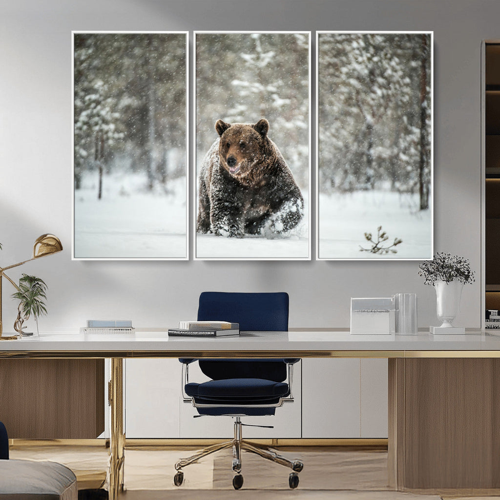 Grizzly Bear Wall Art | Framed Snowy Forest Canvas Artwork
