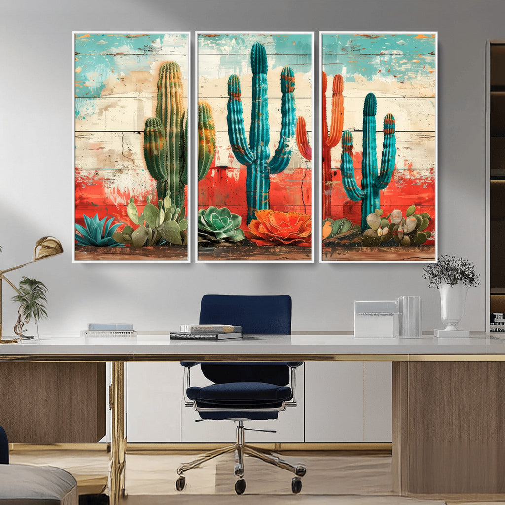 Colorful Cacti Wall Art | Framed Vibrant Succulent Canvas