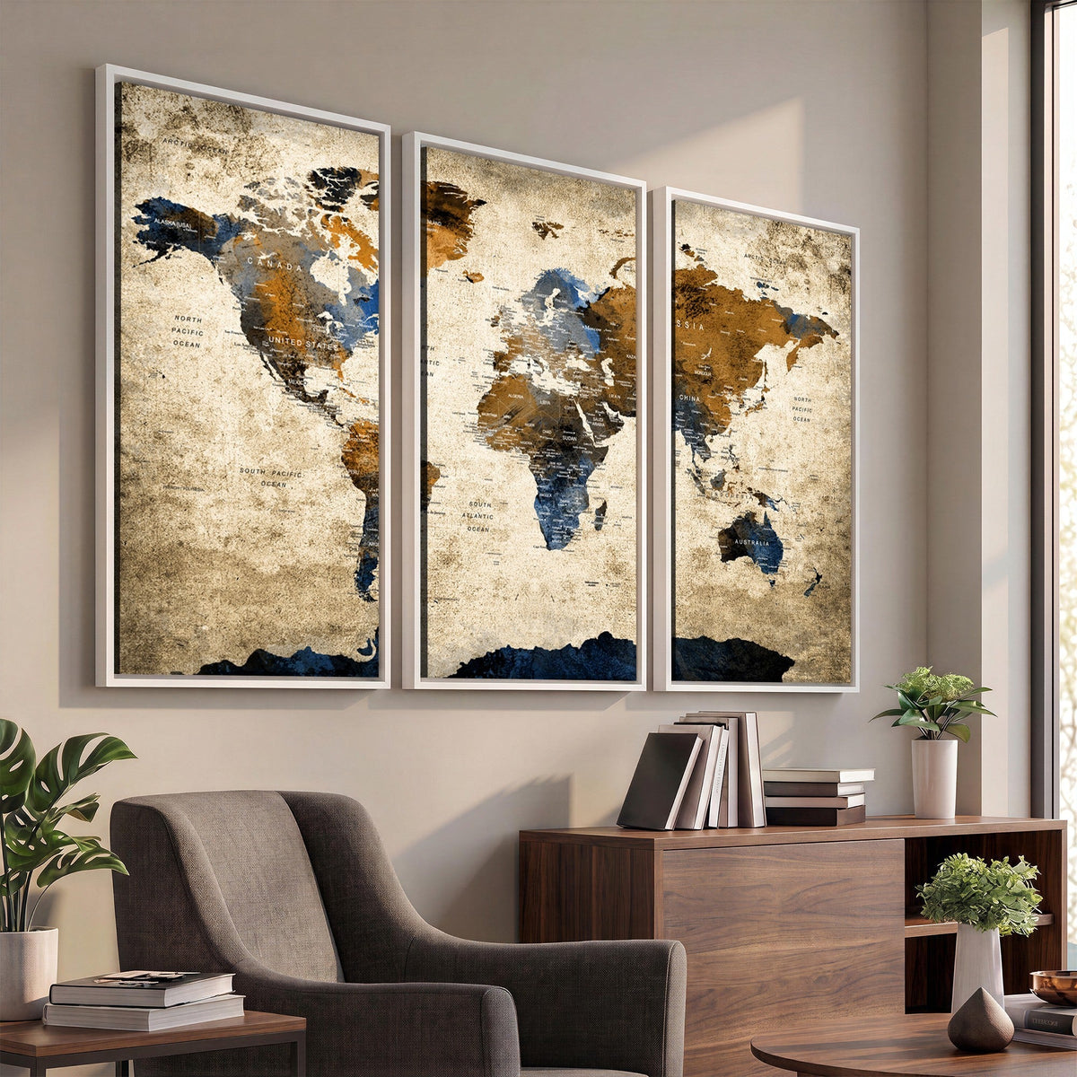 World Map Wall Art | Antique Style Blue and Brown Map Canvas Print