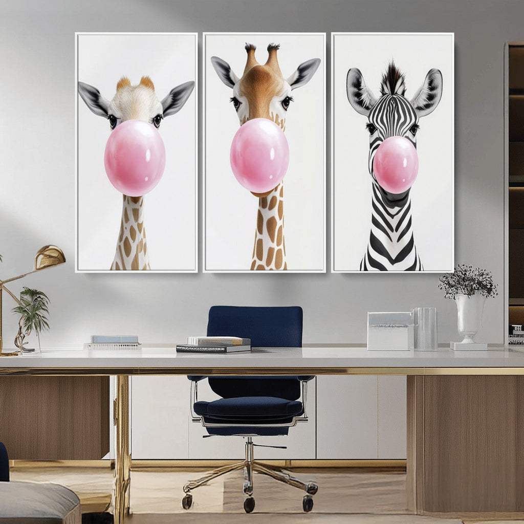 Bubblegum Animals Canvas Wall Art, Playful Giraffe and Zebra Trio, Whimsical Nursery and Kids Room Decor