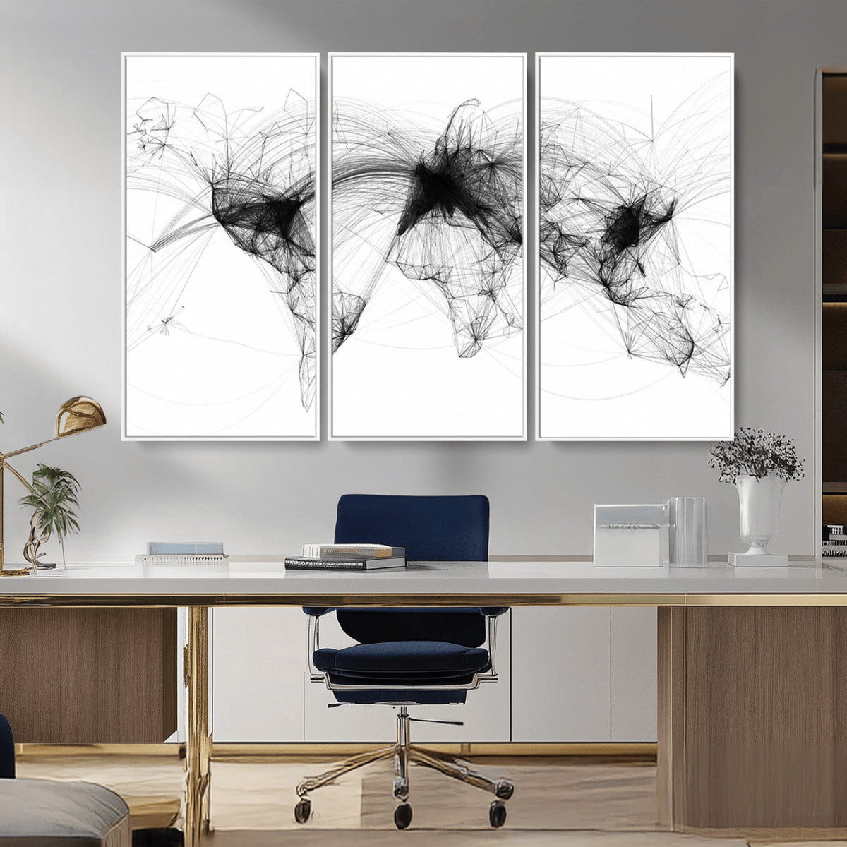 Abstract World Map Wall Art | Framed Geometric Line Canvas