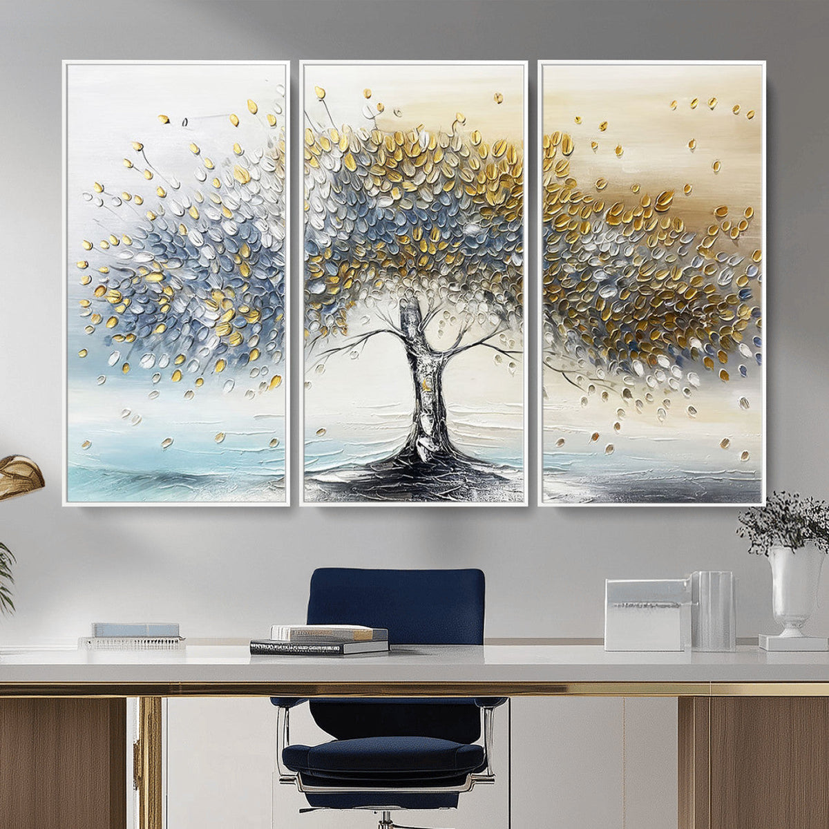 Golden and Silver Tree Wall Art | Framed Elegant Leaves Canvas