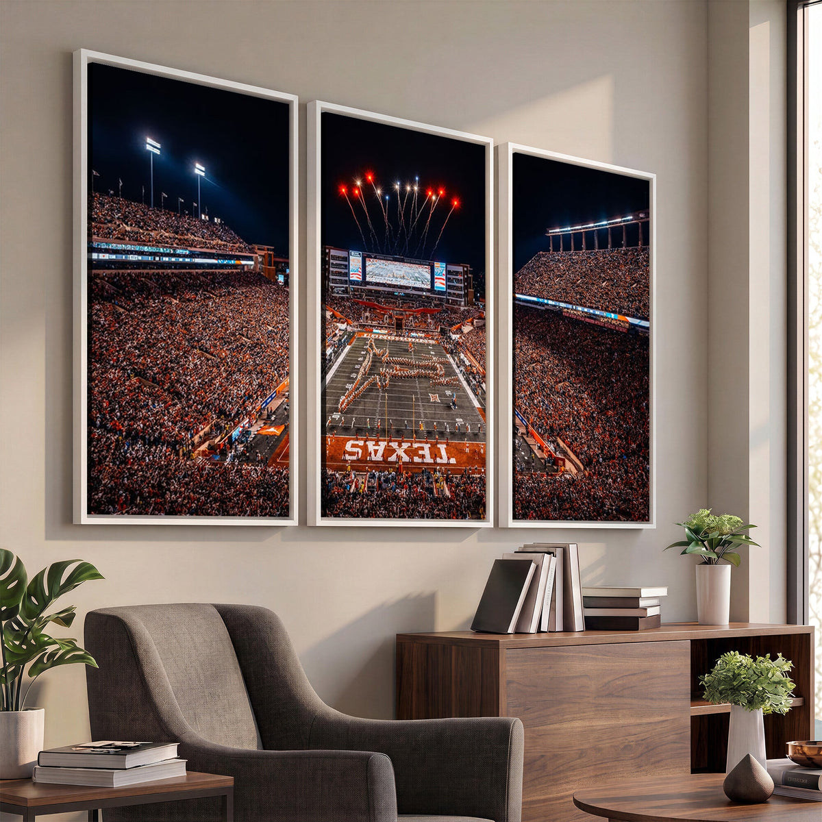 Texas Stadium Night Game Wall Art Canvas Print, Vibrant Football Fireworks Scene