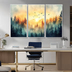 Sunrise Forest Wall Art | Framed Misty Pines Canvas Artwork