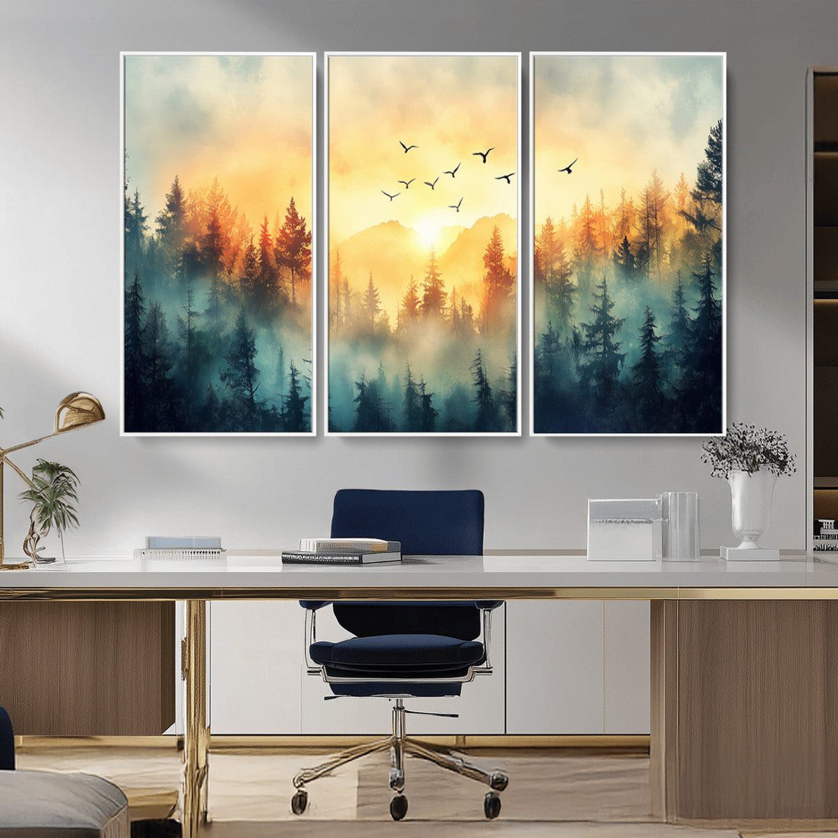 Sunrise Forest Wall Art | Framed Misty Pines Canvas Artwork