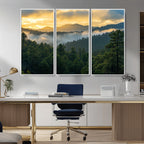 Mountain Sunrise Wall Art | Framed Pine Forest Canvas