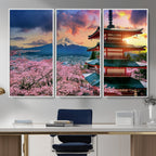Mount Fuji Cherry Blossom Wall Art Canvas Print | Framed Pagoda Sunset
