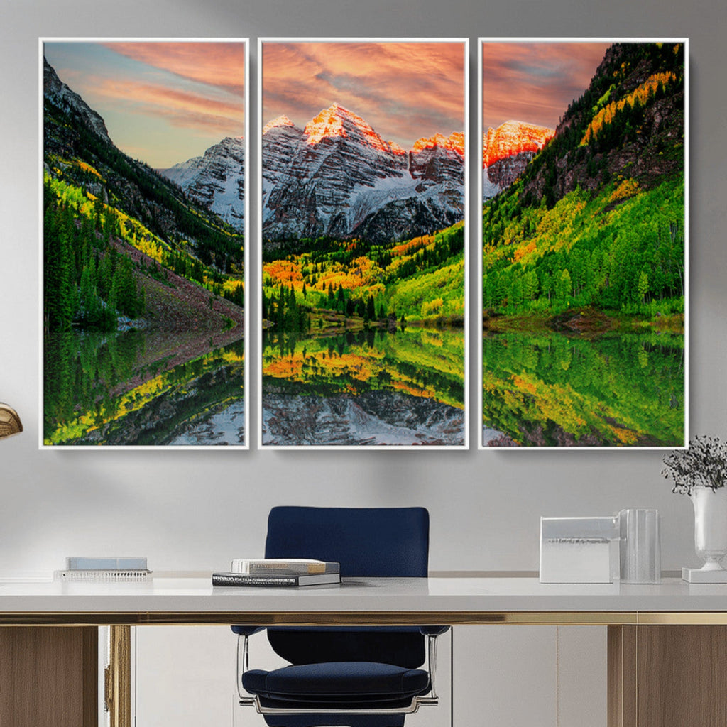 Sunset Glow Mountain Wall Art Canvas Print | Peaks, Green Forest and Lake