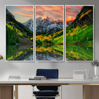 Sunset Glow Mountain Wall Art Canvas Print | Peaks, Green Forest and Lake