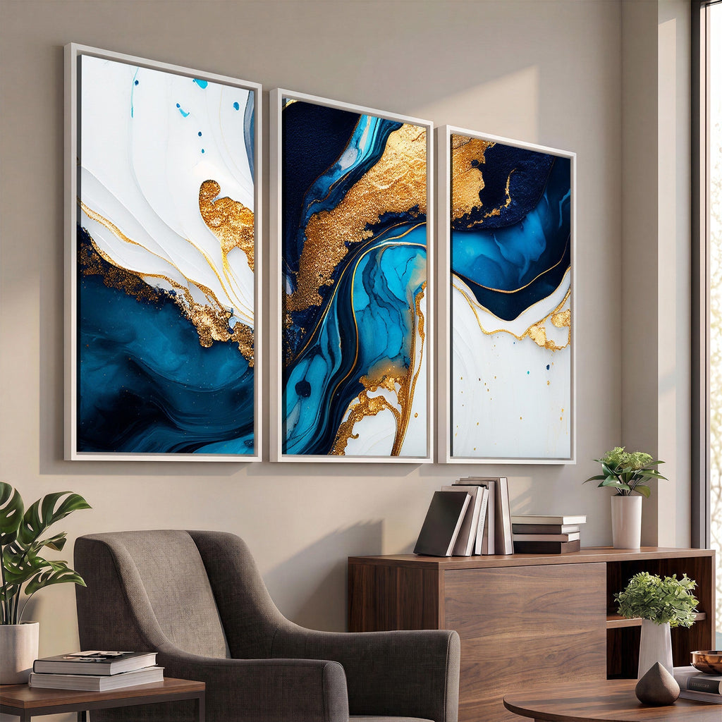 Gold Blue Abstract Canvas Print, Elegant Navy and Gold Marble Flow